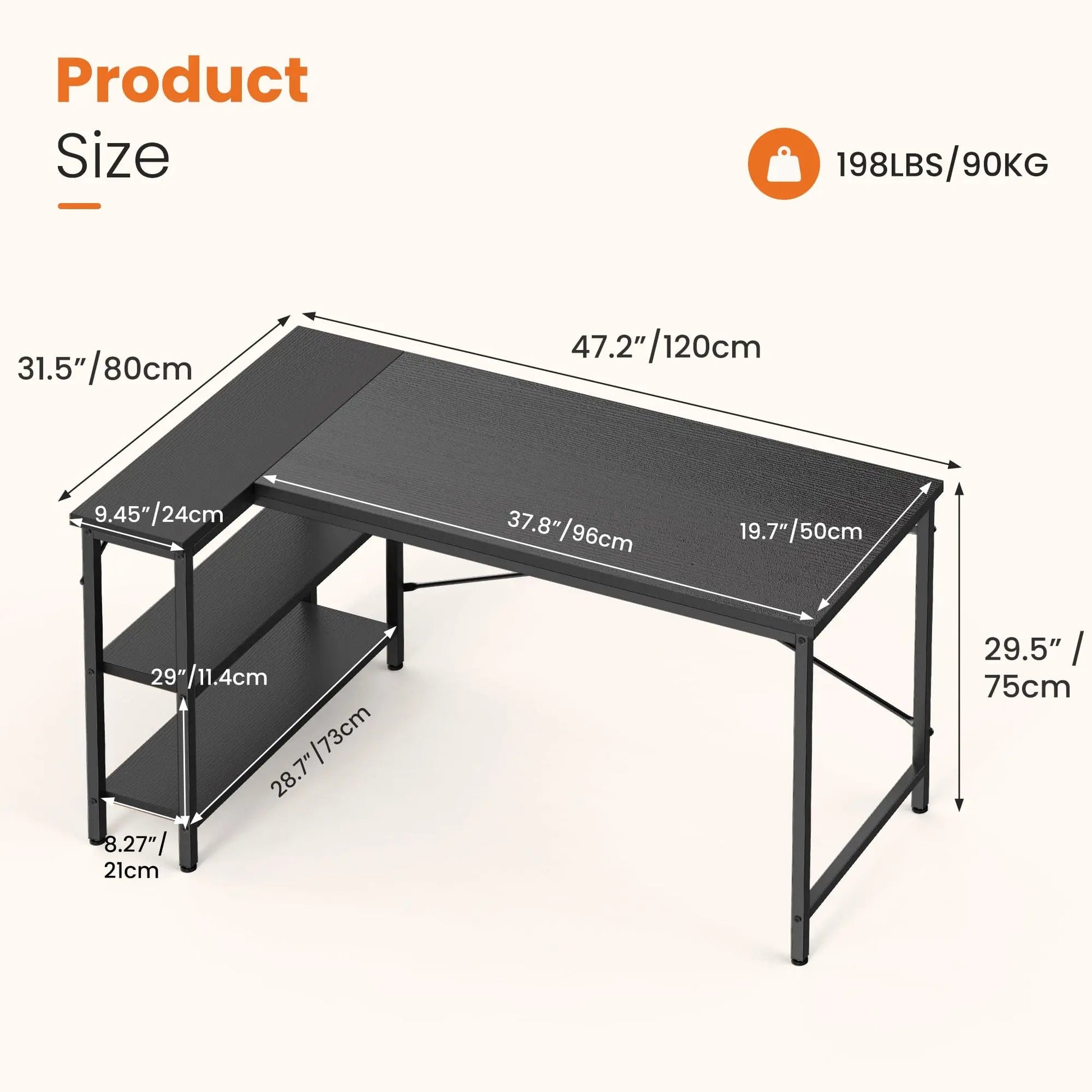 L - Shaped Corner Desk 47" – Home Office & Gaming Desk with Reversible Storage Shelves - Desk by ReliefClick